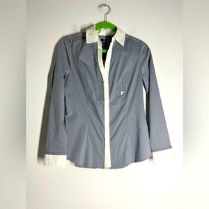 Express Essential Shirt S/P Grey Longsleeve Button-up Blouse W White Trim